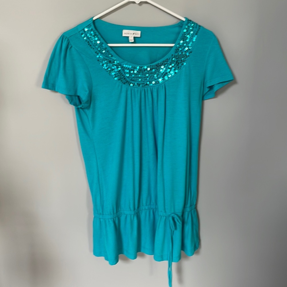 Fashion Bug Womens Medium Tunic Teal Blue With Sequins At Neck